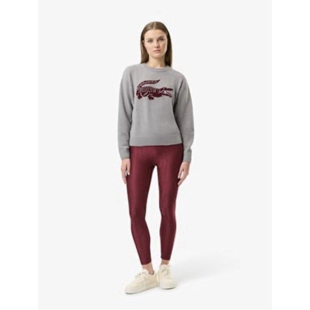 NWT Women Lacoste Bandier Size 2 Gray/Bordeaux Crocodile Cashmere & Wool Sweater